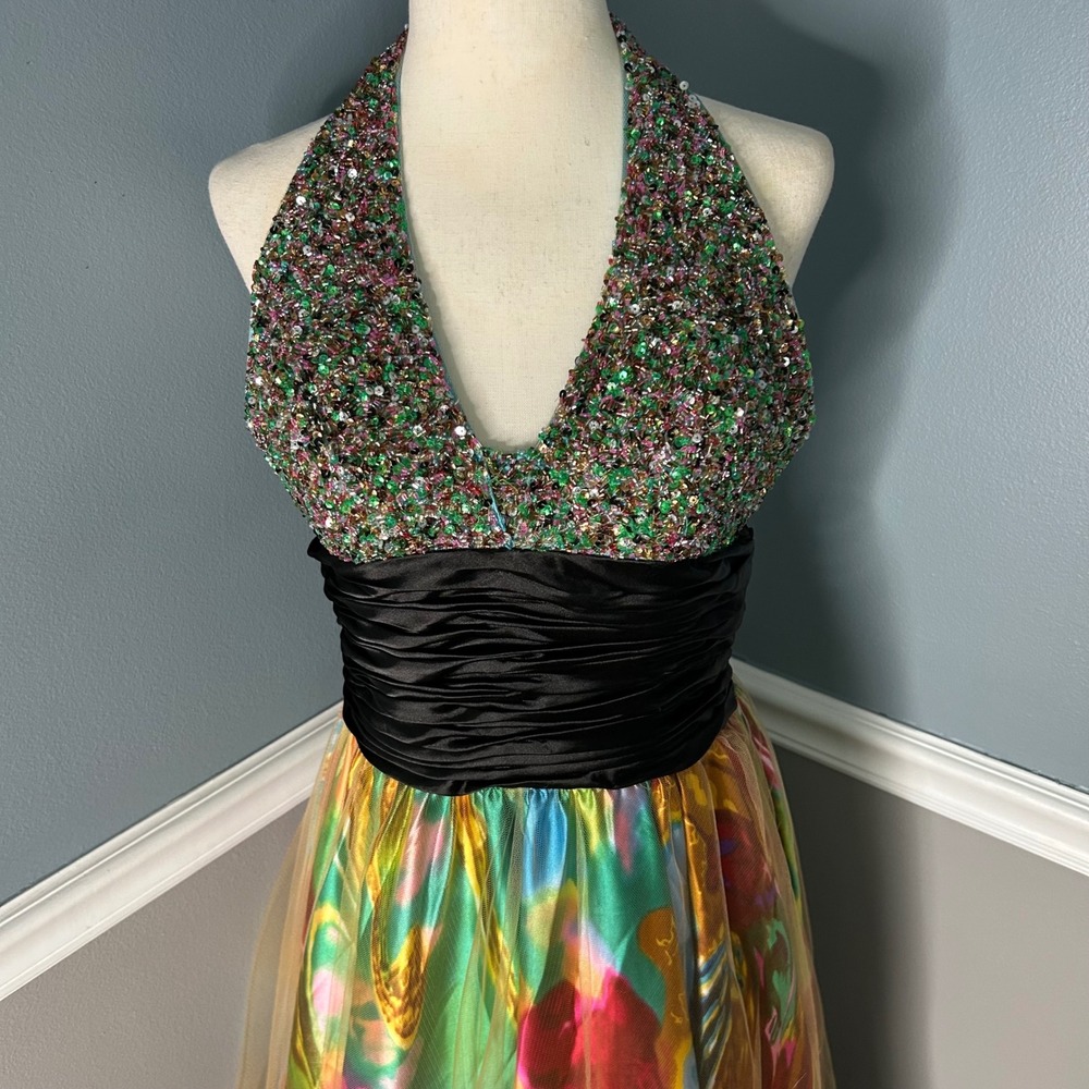 Cinderella Divine Halter Gown Sequin Beaded Abstract art Print Prom Dress Y2K - Picture 12 of 14